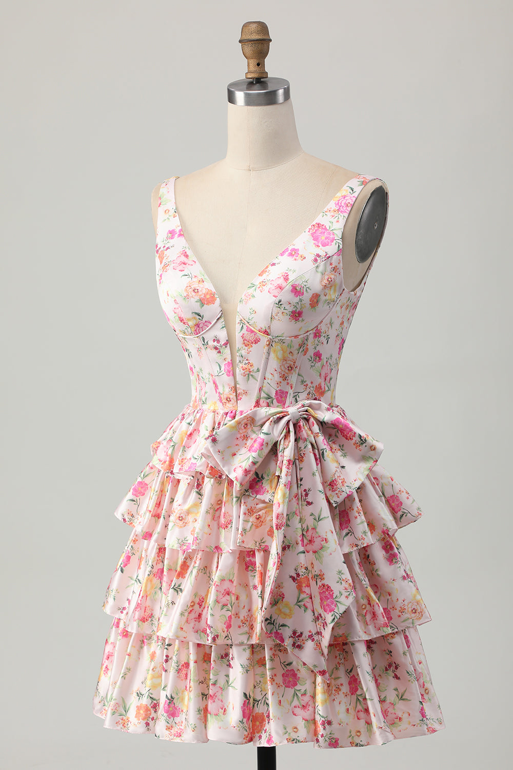 Floral Pink Corset A Line Short Cocktail Dress with Bow