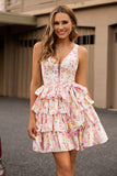 Pink Floral A Line Corset Tiered Short Homecoming Dress with Bow