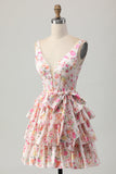 Floral Pink Corset A Line Short Cocktail Dress with Bow