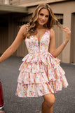 Pink Floral A Line Corset Tiered Short Homecoming Dress with Bow