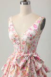 Floral Pink Corset A Line Short Cocktail Dress with Bow