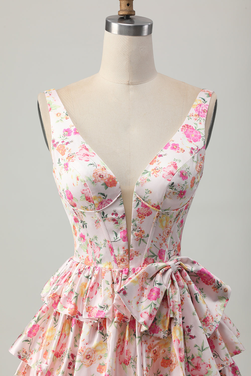 Floral Pink Corset A Line Short Cocktail Dress with Bow