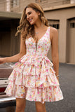Pink Floral A Line Corset Tiered Short Homecoming Dress with Bow
