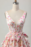 Floral Pink Corset A Line Short Cocktail Dress with Bow