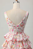 Floral Pink Corset A Line Short Cocktail Dress with Bow