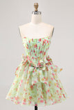 Floral Green Strapless A Line Corset Short Cocktail Dress with Bows