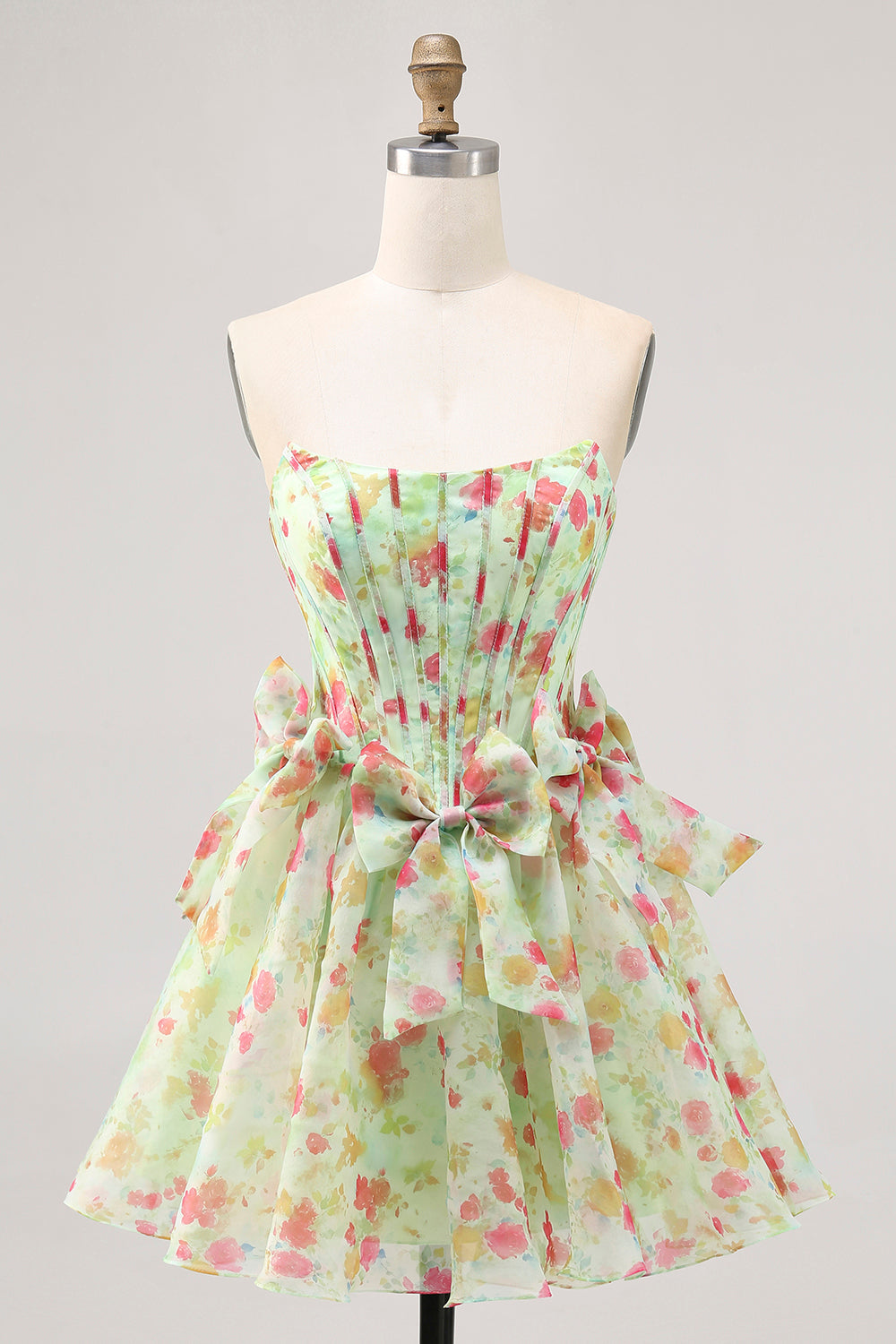 Green Strapless A-Line Floral Corset Homecoming Dress with Bows