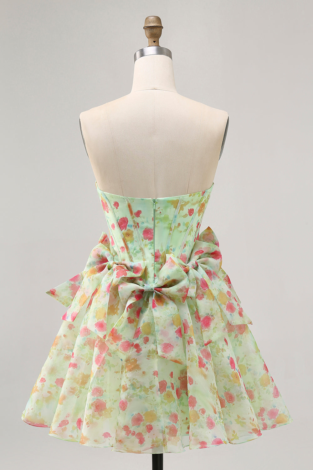 Green Strapless A-Line Floral Corset Homecoming Dress with Bows