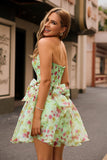Green Strapless A-Line Floral Corset Homecoming Dress with Bows