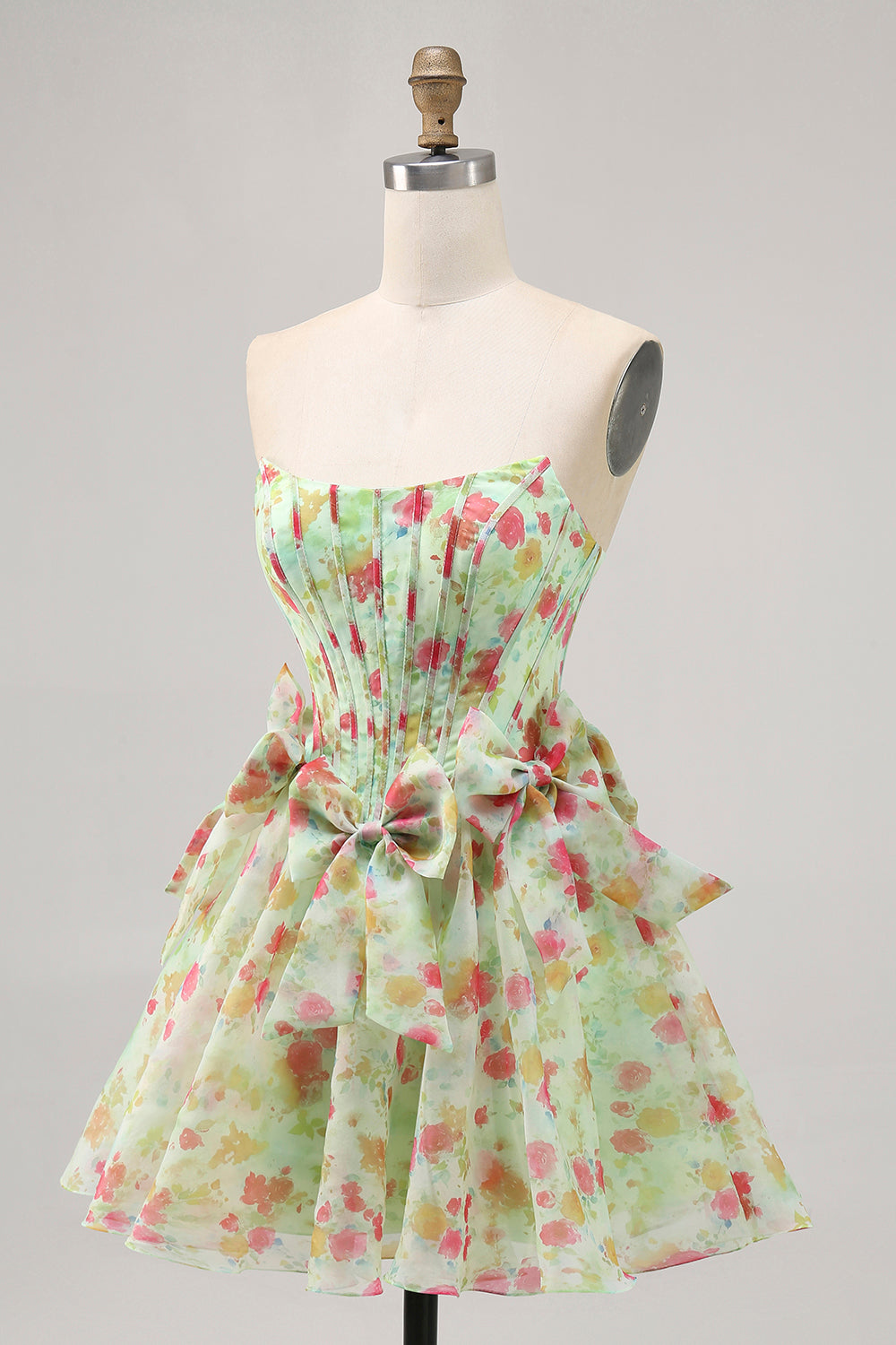 Floral Green Strapless A Line Corset Short Cocktail Dress with Bows