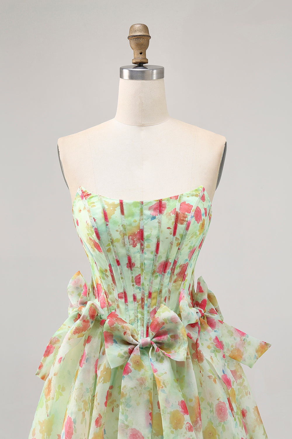 Floral Green Strapless A Line Corset Short Cocktail Dress with Bows