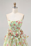 Floral Green Strapless A Line Corset Short Cocktail Dress with Bows
