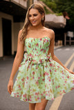 Green Strapless A-Line Floral Corset Homecoming Dress with Bows