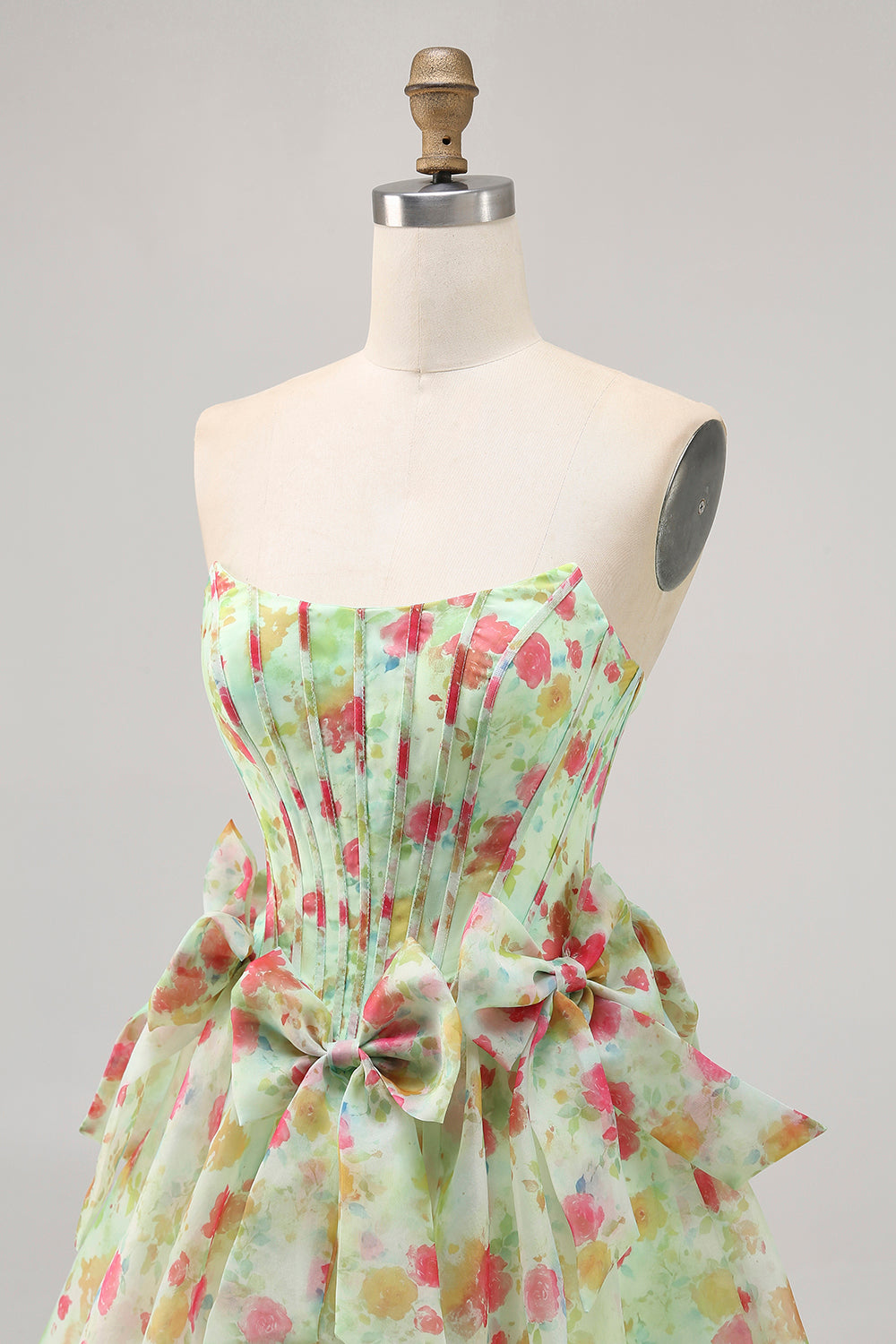 Floral Green Strapless A Line Corset Short Cocktail Dress with Bows