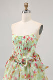 Floral Green Strapless A Line Corset Short Cocktail Dress with Bows