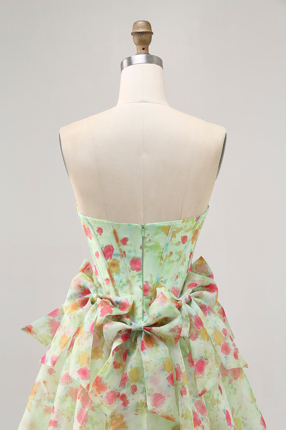 Floral Green Strapless A Line Corset Short Cocktail Dress with Bows