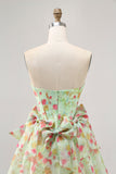 Floral Green Strapless A Line Corset Short Cocktail Dress with Bows