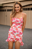 Red Floral Bodycon Spaghetti Straps Printed Mini Homecoming Dress