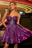 Metallic Dark Purple A-Line Strapless Cut Out Corset Homecoming Dress with Bow
