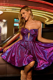 Metallic Dark Purple A-Line Strapless Cut Out Corset Homecoming Dress with Bow