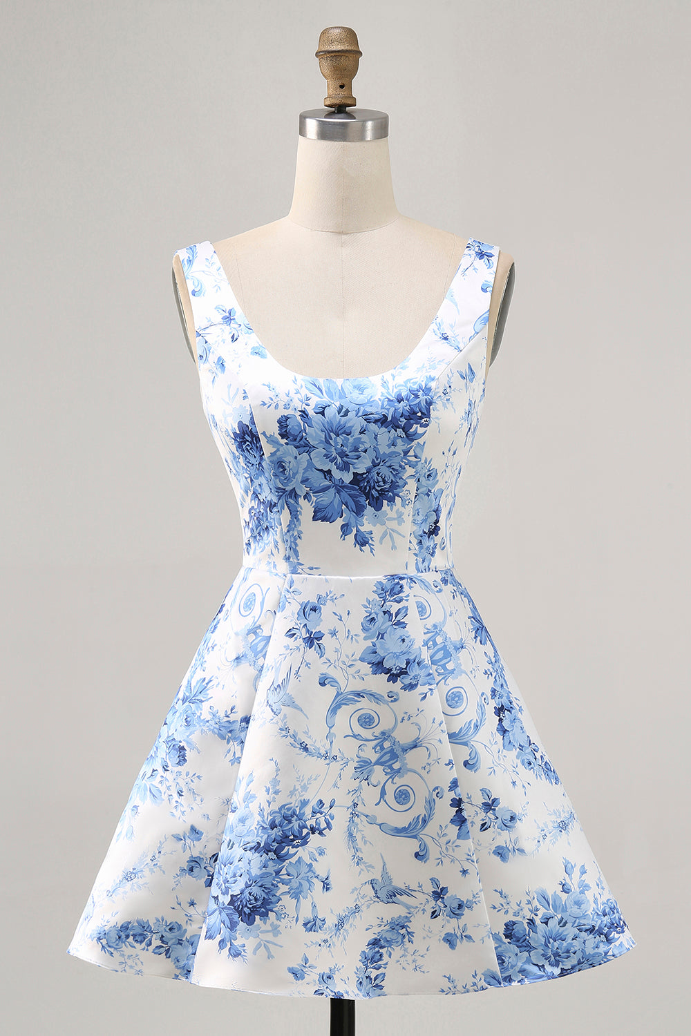 Corset Printed White Blue Flower Short Cocktail Dress