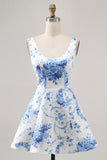 Corset Printed White Blue Flower Short Cocktail Dress