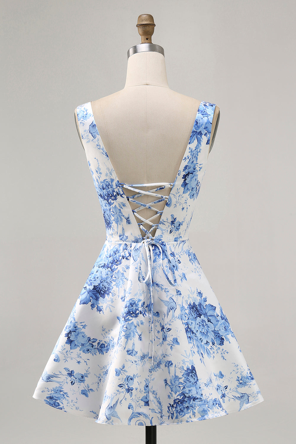 Corset Printed White Blue Flower Short Cocktail Dress
