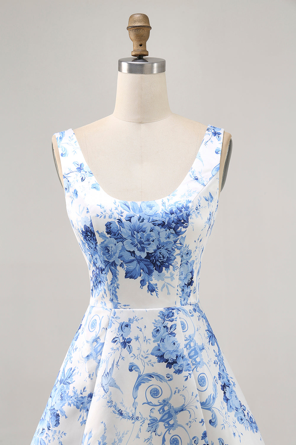 Corset Printed White Blue Flower Short Cocktail Dress