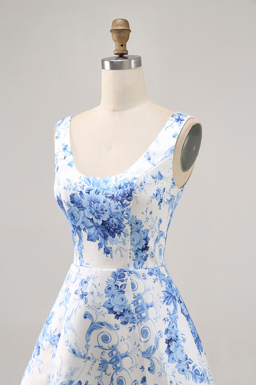Corset Printed White Blue Flower Short Cocktail Dress