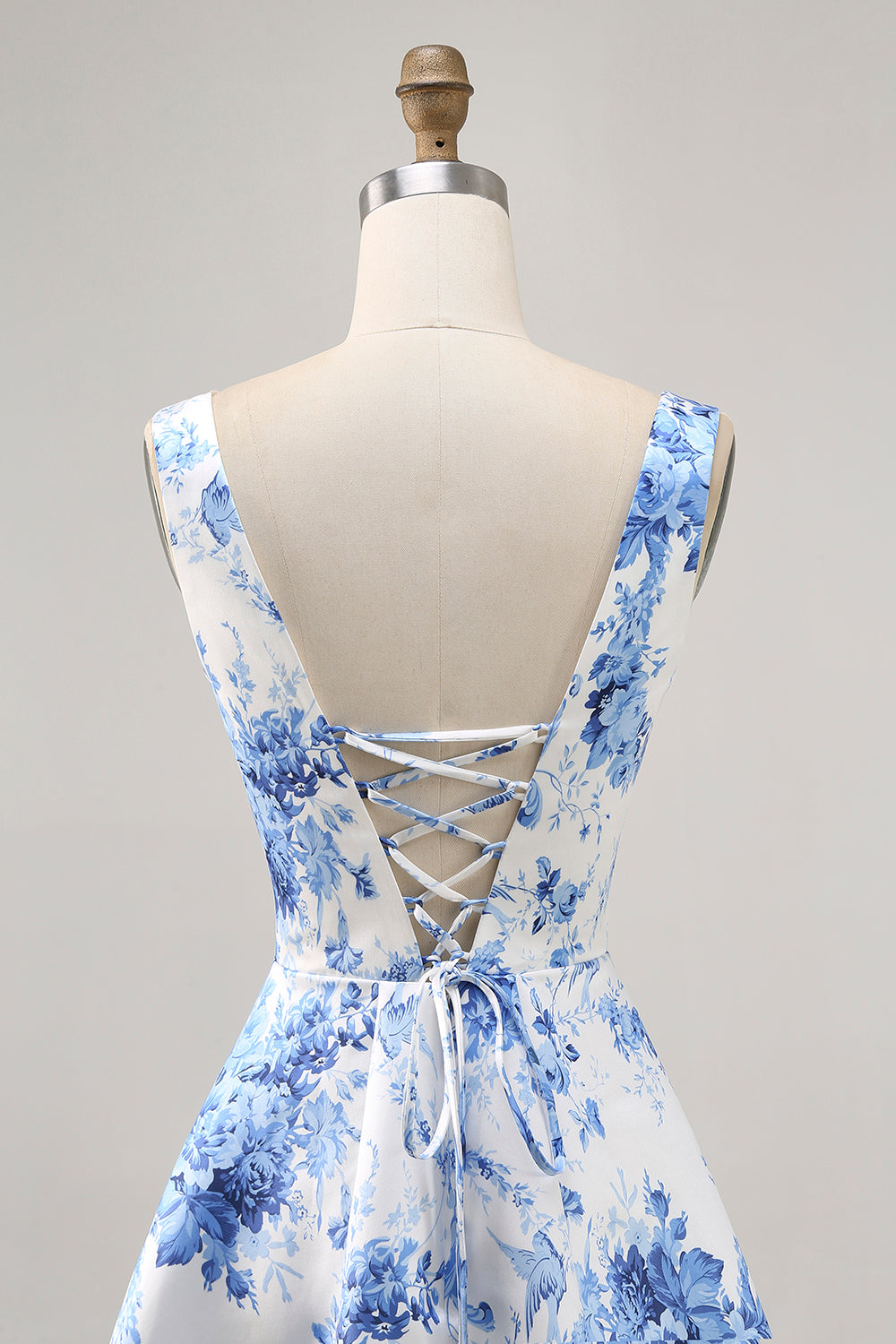 Corset Printed White Blue Flower Short Cocktail Dress