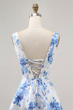 Corset Printed White Blue Flower Short Cocktail Dress