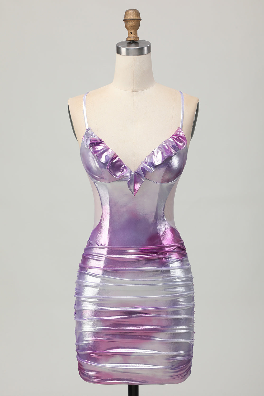 Silver Purple Bodycon Ruffled Metallic Corset Mini Cocktail Dress