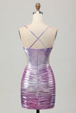Silver Purple Bodycon Ruffled Metallic Corset Mini Cocktail Dress