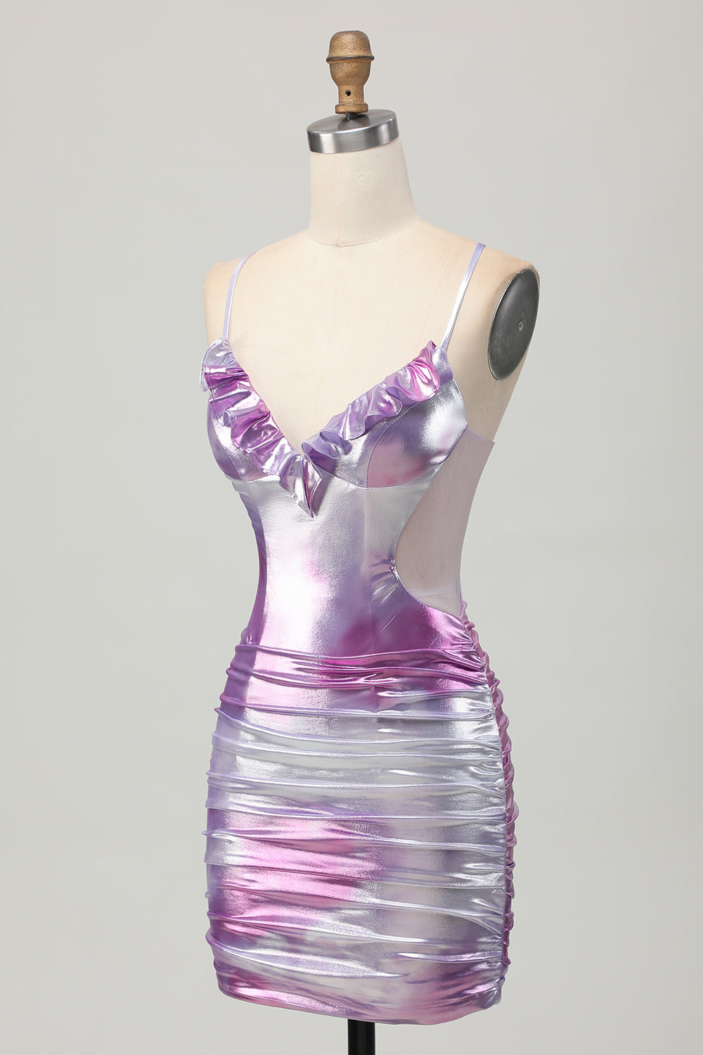 Silver Purple Bodycon Ruffled Metallic Corset Mini Cocktail Dress