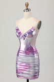 Silver Purple Bodycon Ruffled Metallic Corset Mini Cocktail Dress