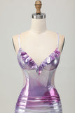 Silver Purple Bodycon Ruffled Metallic Corset Mini Cocktail Dress