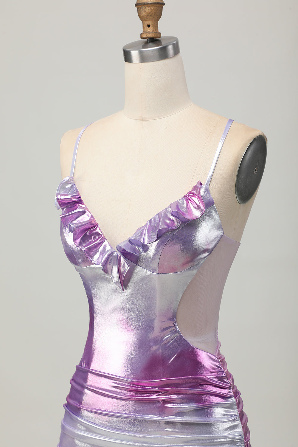 Silver Purple Bodycon Ruffled Metallic Corset Mini Cocktail Dress