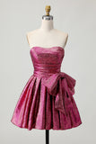 Metallic Dark Purple A-Line Strapless Homecoming Dress with Bow
