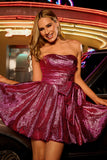 Metallic Dark Purple A-Line Strapless Homecoming Dress with Bow