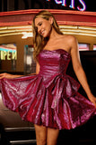 Metallic Dark Purple A-Line Strapless Homecoming Dress with Bow