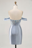 Sparkly Corset Dusty Blue Bodycon Off The Shoulder Short Cocktail Dress