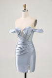 Sparkly Corset Dusty Blue Bodycon Off The Shoulder Short Cocktail Dress