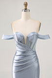 Sparkly Corset Dusty Blue Bodycon Off The Shoulder Short Cocktail Dress