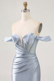 Sparkly Corset Dusty Blue Bodycon Off The Shoulder Short Cocktail Dress