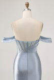 Sparkly Corset Dusty Blue Bodycon Off The Shoulder Short Cocktail Dress