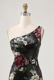 Sparkly Black Sequin Floral One Shoulder Bodycon Short Cocktail Dress with Fringes
