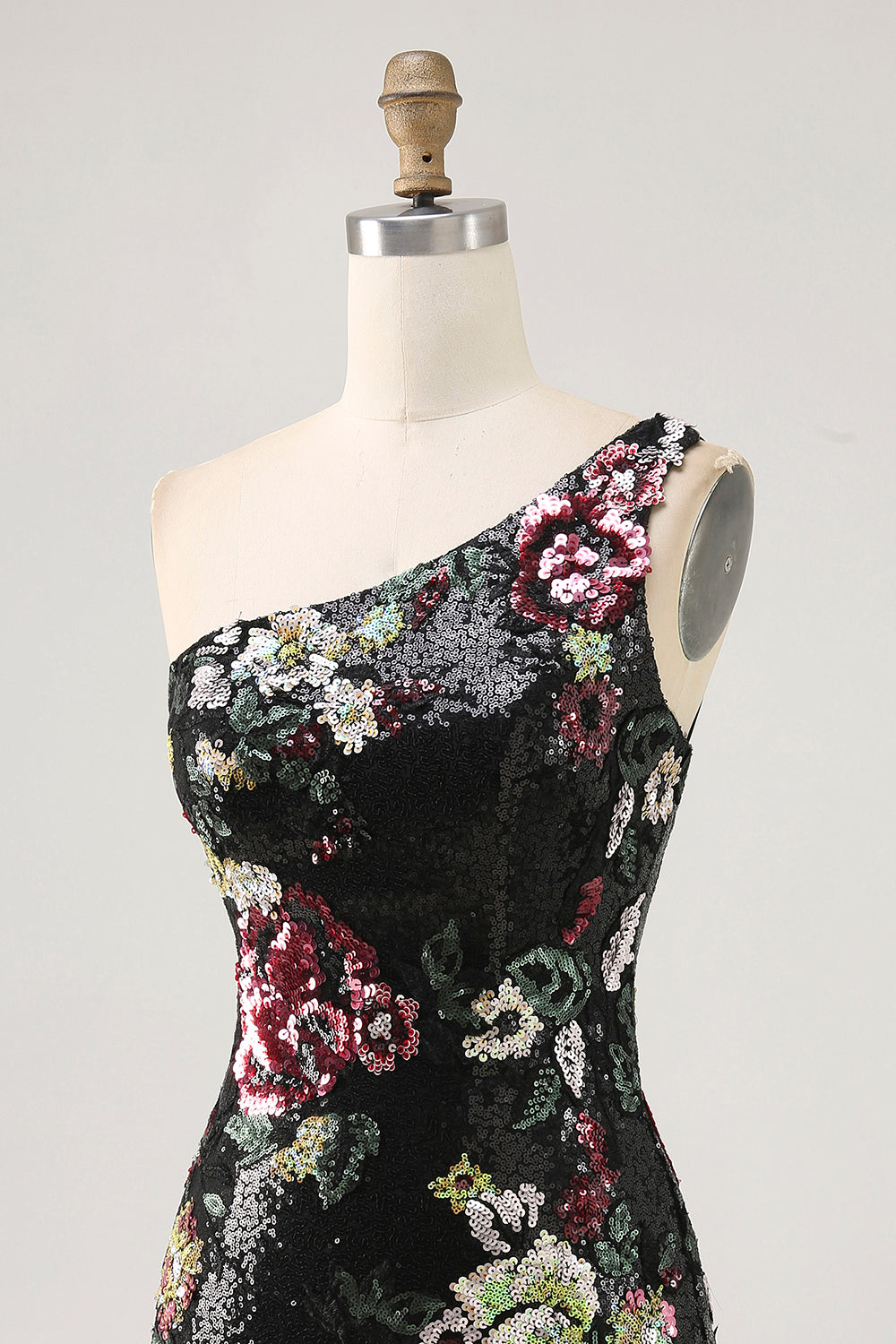 Sparkly Black Sequin Floral One Shoulder Bodycon Short Cocktail Dress with Fringes