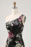 Sparkly Black Sequin Floral One Shoulder Bodycon Short Cocktail Dress with Fringes
