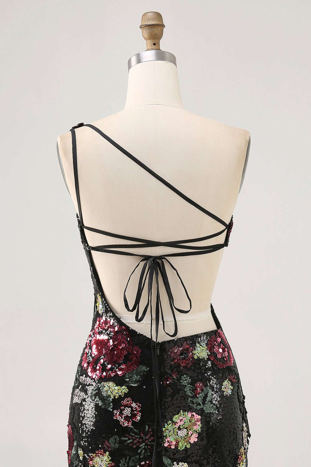 Sparkly Black Sequin Floral One Shoulder Bodycon Short Cocktail Dress with Fringes