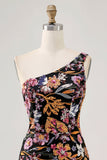 Sparkly Black Floral One Shoulder Embroidery Short Cocktail Dress with Fringes